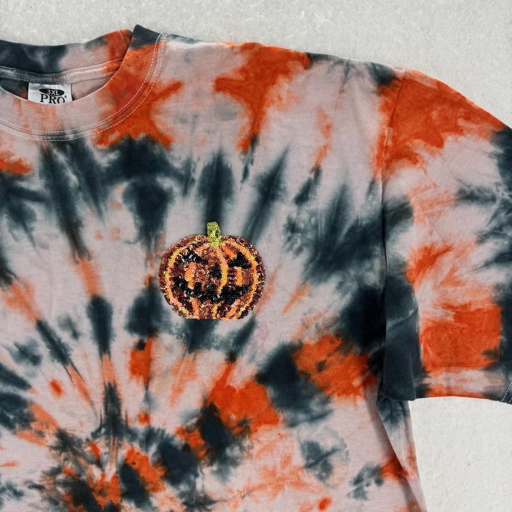 T-Shirt Custom Tie Dye Sequin Pumpkin Halloween - Orange Grey - 3XL - Mens